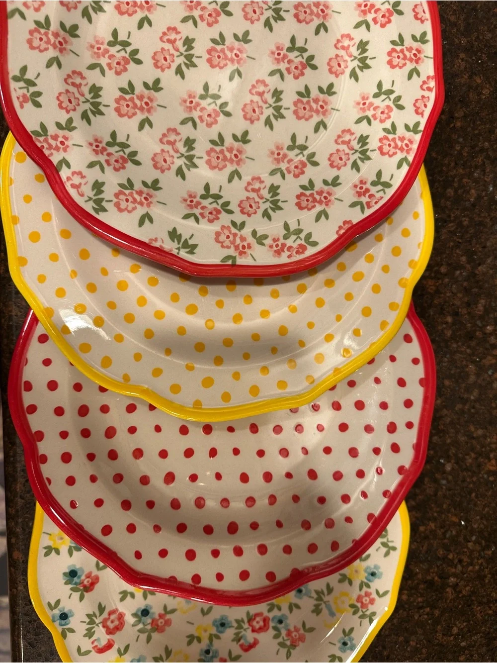 Pioneer Woman Floral & Polka Dot Party Plates - Red,Yellow set of 4 salad plates